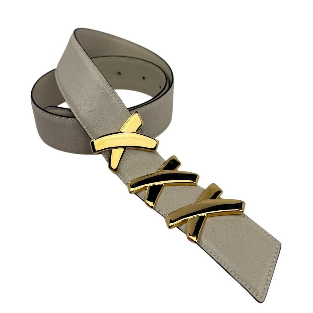 Vintage By Paloma Picasso Leather Belt Gold Triple X Hardware Cream Sz 75